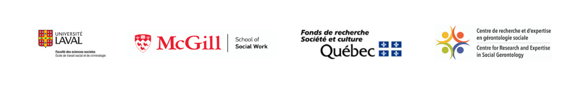 Funding logos for the project. Université Laval, McGill University, Fonds du recherche du Québec, Centre de recherche et d'expertise en gérontologie sociale (CREGÉS)